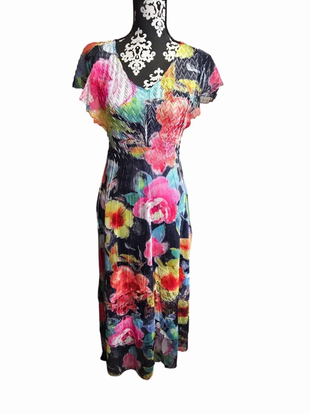 NWT Komarov Floral Pleated Midi Dress Size S Flutter Chiffon Crinkle Lace Fairy